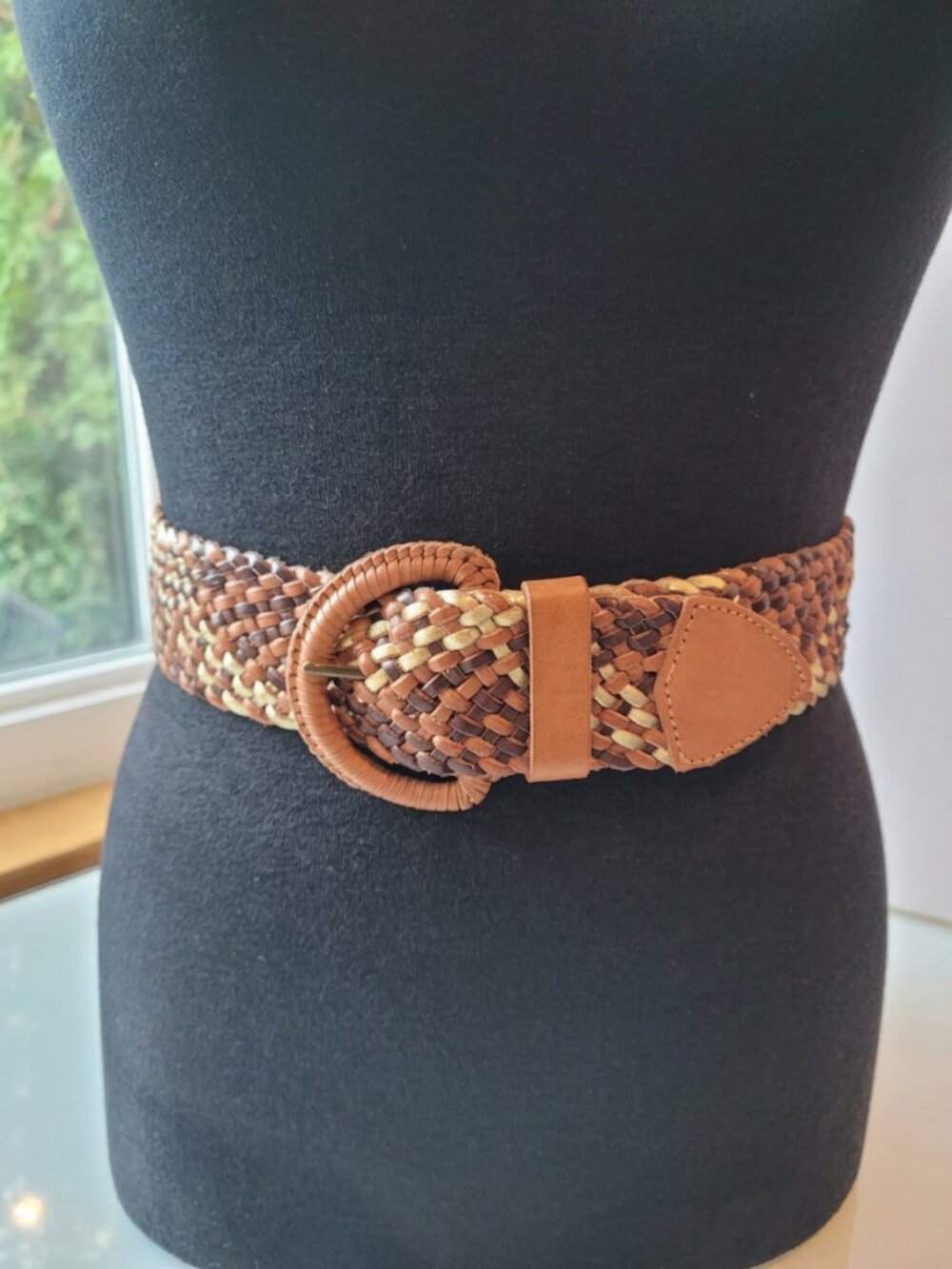 Linea Pelle Woven Leather Belt with Gold Metallic Detail Size S